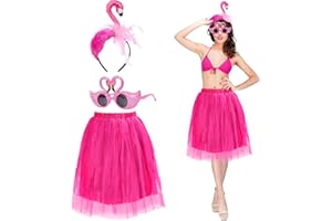 LOHAME 3pz Costume di Fenicottero da Donna Accessorio Costume Hawaiano Kit per Costumi da Gonna Hula-Cerchietto di Fenicottero Occhiali da Sole Gialli Tutu-per Tropicali Adulti Bambini Spiaggia Estate