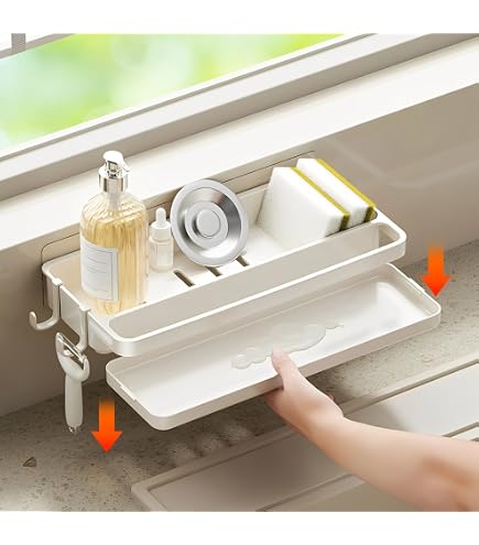 Porta Spugne Da Cucina Autoadesivo Con Vassoio - Organizer Per Lavello In Plastica, Bianco, 26x12.5x4.3 Cm, Senza Foratura