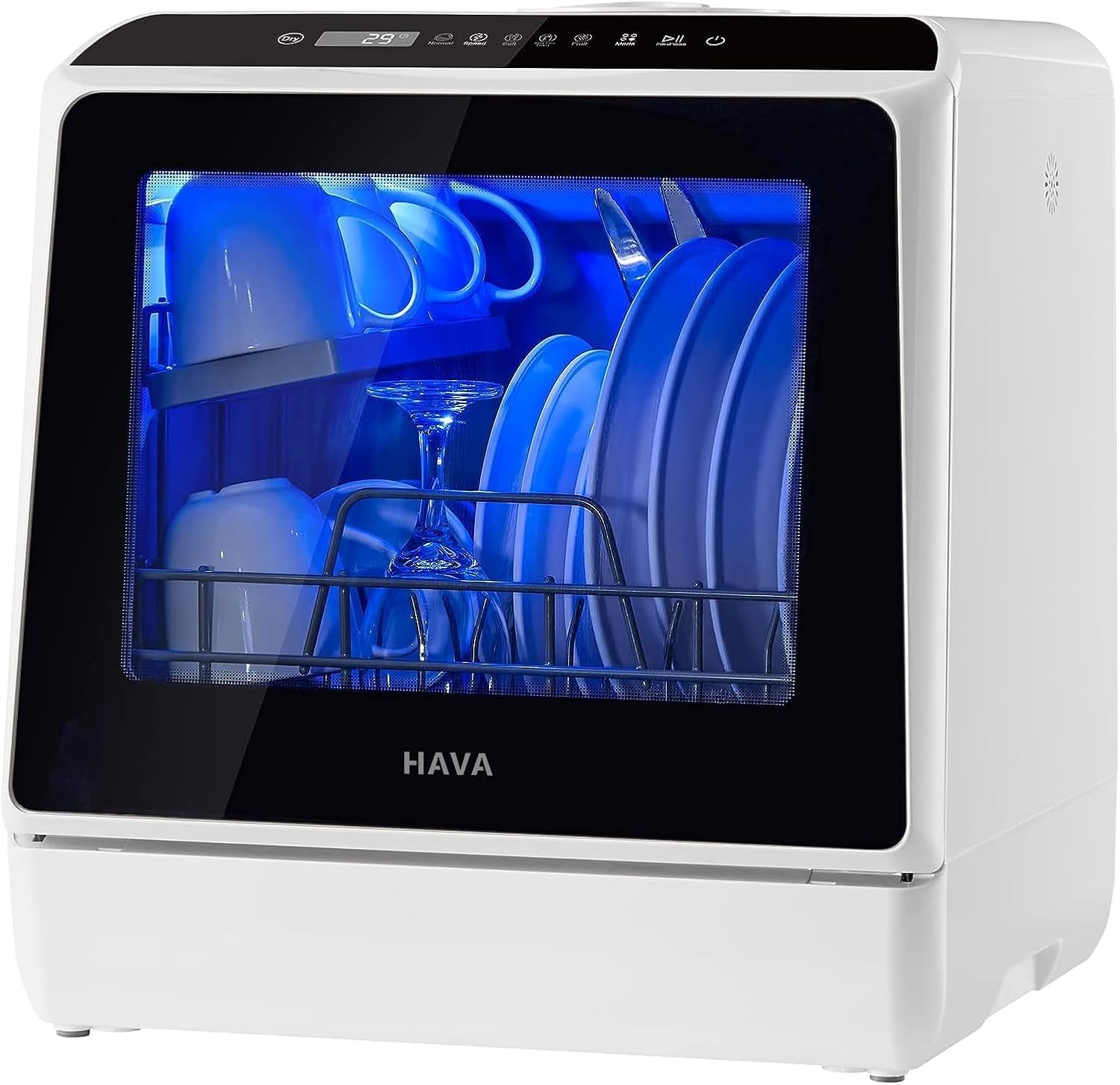HAVA Table Top Dishwasher, Mini Countertop Dishwasher with 6 Programmes and Built-in 5 Litre Water Tank, No Connection Required, Baby Supplies, and Air Drying Function for Homes and Motorhomes