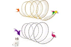 LASUROA 2pcs Cat Tunnels for Indoor Pets, Folded 10in Large Spring Spiral Toy With Feather and Mouse for Kitten Puppy Interactive Exercise (Striped Yellow, Purple)