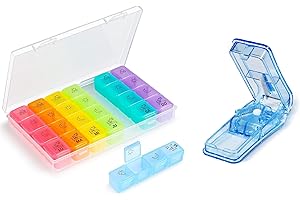 ABUBU Pastillero Semanal de 4 Tomas Diarias en español y Cortador de Pastillas Cerrado Herméticamente, Organizador Medicamentos 28 Compartimentos, Certificado Alimentario, Tamaño Perfecto, Para La Memoria