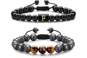 TINGN 2 Piezas Pulseras con Cuentas Iniciales para Hombres, 8mm Piedra de Lava de ojo de Tigre Pulsera de Obsidiana con Letras para Aliviar el Estrés Pulseras con Cuentas de Yoga Pulseras para Hombres