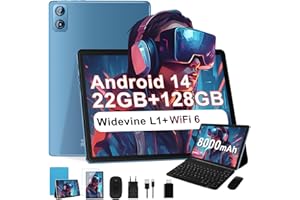 Dghrti 2025 Tablette Tactile 10 Pouces Android 14 Tablet, 22Go+128Go ROM/TF 1TB, 8000mAh, UFS 2.1 Flash, Octa-Core 2.0GHz, WiFi 5G+2.4G, BT5.0, 8MP+5MP, Widevine L1, avec Clavier Souris - Bleu