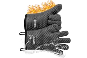 Loveuing Oven Gloves Heat Resistant, Silicone & Cotton Double Layer BBQ Gloves Non-slip Kitchen Gloves Waterproof Flexible Oven Mitts - Perfect for Baking Barbecue Pizza, 1 pair