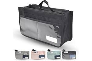 GOR/ADN Organizador de bolsos de mujer insertable para interior de bolso, 2 asas, 13 compartimentos (10 bolsillos, 6 transparentes, 2 con cremallera, 1 central grande), ligero, poliéster 27,5x15,5x9,5cm NEGRO