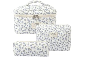 MIATTCLD Kosmetiktasche Damen Reise Make Up Tasche, 3 Stück Große Baumwolle Kulturtasche Make-Up Organizer Tasche Cosmetic Bag mit Blumenmuster für Kosmetik Kosmetikartikel (Blaue Pfauenblume)