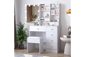 Ereousa Toeletta Trucco con Specchio e Sgabello, Postazione Make Up Robusta con Luci Dimmerabili e Guida Video, Ampia Scrivania Trucco con 6 Cassetti e 6 Ripiani, Bianco, 36×80×131 cm, H4103