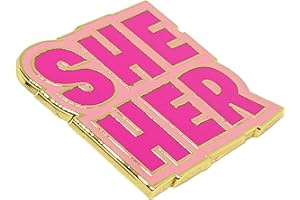 Hokum and Snark She Her Block Type Enamel Pronoun Pin Pink, black, yellow, white, 1.25 inches