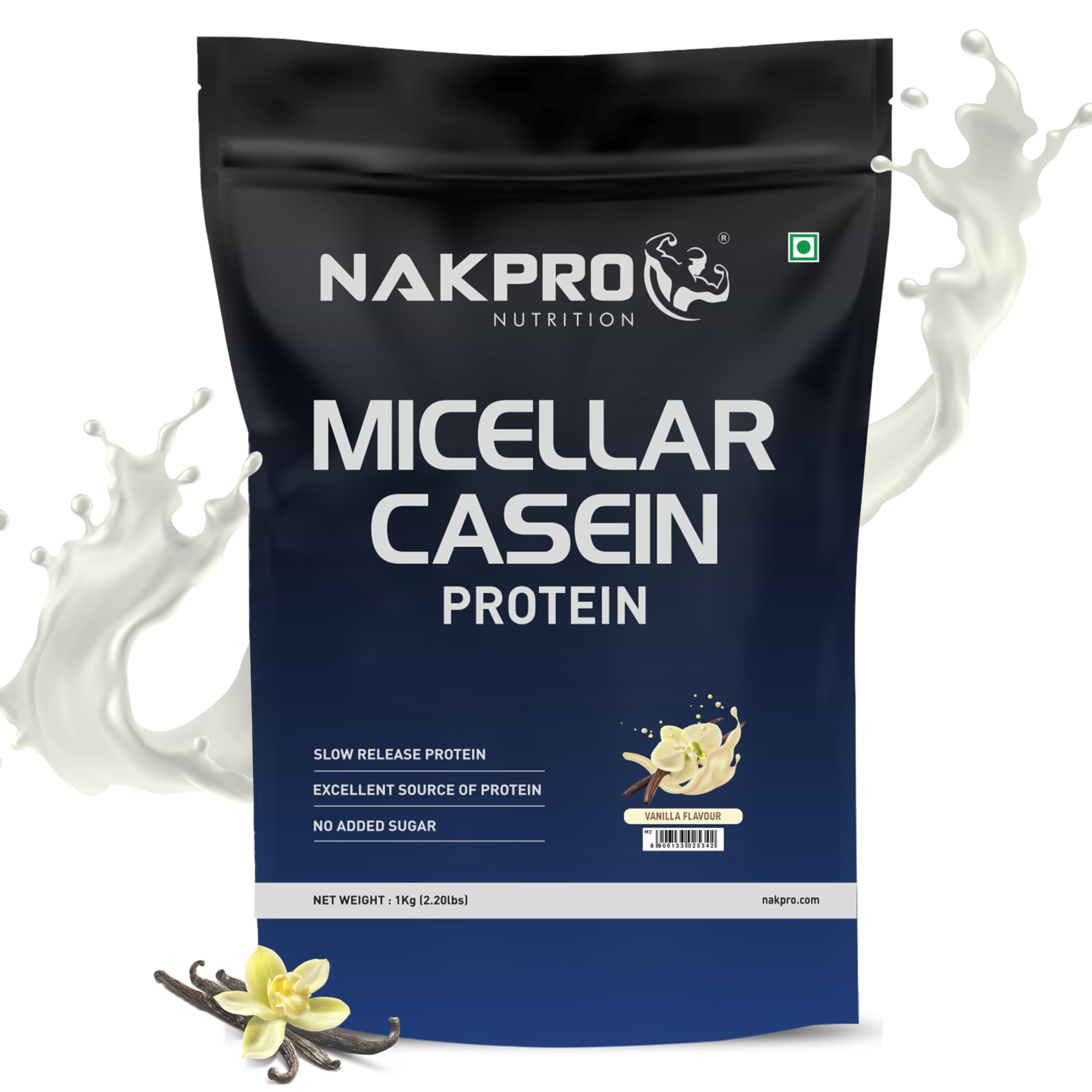 NAKPRO 100% Micellar Casein Protein Supplement |25g Protein, 9.91g EAAs, 4.83g BCAAs| Slow Absorbing Micellar Casein Protein 