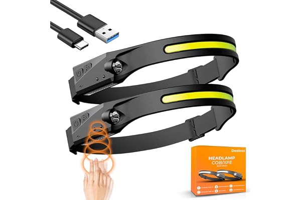 DEALEEZ USB, Pannlampa, uppladdningsbar LED-lampa, vitt ljus med fem lägen, högeffektiv pannlampa, stänkskyddad, 2-pack