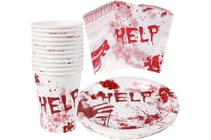 Décoration d'horreur Halloween Ensemble d'assiette en Carton Kit de Serviette Gobelet en Papier Effrayante Deco de Fête Sanglante d'halloween pour 12 Personnes Enfant Adult
