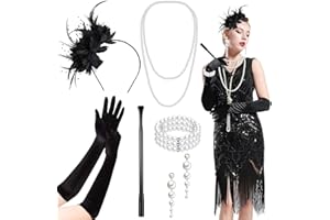 Glirop 6PCS 1920s Flapper Accessories Set, Fashion Roaring 20's Costume Set with Pearl Earrings Feather Headband Bracelet Necklace Gloves Handheld Props for Women Ladies Cosplay Theme Party