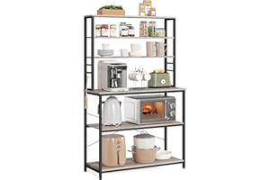 VASAGLE Kitchen Storage Rack, Coffee Bar, Baker's Rack, Total 6 Shelves and 6 Hooks, for Microwave, Steel Frame, Industrial, 40 x 100 x 167 cm, Heather Greige and Ink Black KKS039K02