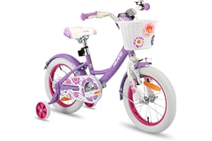 HH HILAND HILAND 12/14/16 Inch Petal Kids Bike, Bicycle for Girls with Basket and Bell, Girls Bike with Stabilisers, Pink/Purple/White