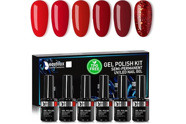 Beautilux Vernis à Ongles Semi Permanent, 6 Couleurs 10ml, Soak Off Vernis Gel UV Semi Permanent Rouge Bourgogne Rouge Foncé pour Manucure Noël Nail Art (YT-01)