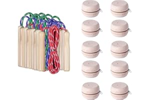 Partituki Confezione da 10 Yoyo in Legno Naturale e 10 Corde per Saltare con Manico in Legno. Ideale per Giochi all'Aperto e Dettagli di Compleanno per Bambini