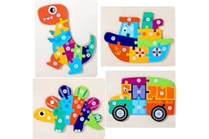 HUADADA Puzzle drewniane puzzle dla dzieci od 1, 2, 3, 4 lata, 4 szt., dinozaury, 3D, drewniane zabawki Montessori, zabawka edukacyjna, prezent edukacyjny, dla dziewcząt, chłopców i maluchów