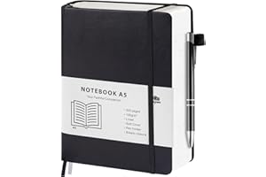 Agoer Cuaderno A5 a rayas, tapa dura, 320 páginas numeradas, diario de negocios, 100 g/m², cuaderno con bolígrafo y notas adhesivas, para oficina, escuela (negro)