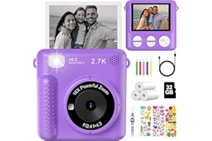 DDULEOG Appareil Photo Instantané Enfant, 2,4" Écran 1080P HD Appareils Photo Numériques Enfant avec Carte 32GB & Papier Thermique, Appareil Photo Enfant Jouet, Cadeau pour Filles Garçons 3-12 Ans