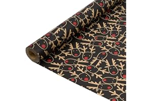 BIULDPY Rouleau de papier cadeau noir : Papier cadeau kraft recyclable à motif tête de renne - 43 cm x 15 m
