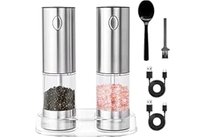 HIGSPE Set di 2 Macina Sale e Pepe Elettrico 95ml, Granulometria Regolabile Macinapepe con Luce a LED, Ricaricabile via USB Ceramica Macinino con Base, Spazzola di pulizia, Cucchiaio di Plastica