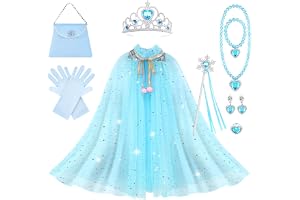 AOOWU Prinsessa cape set för flickor, Elsa prinsessa kappa med krona, trollspön, smycken, handskar, prinsessan Elsa fin utklä