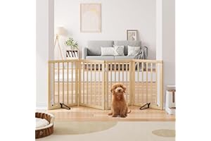 Semiocthome Freestanding Dog Gates and Barriers Indoor, Pet Gates for Doorways and Stairs, 60cm (H) - 4 Panels Puppy Gate with 2 Metals Stands, Adjustable Safety Fence Fit Up to 188cm - Natural