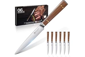 Purple Dragon Set de 6 Couteaux à Steak Couteaux à Steak à Lame Polie avec Manche en Bois Ergonomique Utensiles de Cuisine en Acier Inoxydable Haute Qualité Cadeau pour Emménagement Anniversaire
