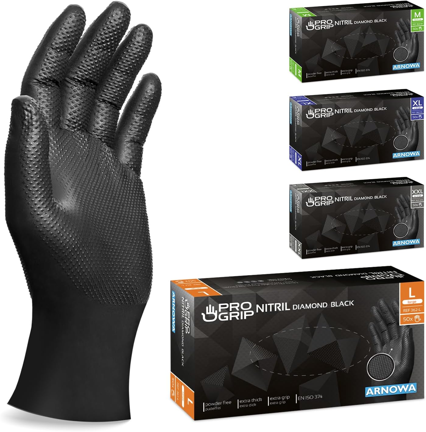 PROGRIP Gants jetables, Gants nitrile extra forts, Gant nitrile noir L, 2x plus épais, Gant noir avec structure diamant, Gants mecanicien extra-résistants, 50 pcs/boîte, gants nitrile M, L, XL, XXL
