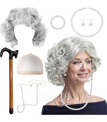 Kit Déguisement Grand-Mère 7 Pièces - Perruque, Accessoires Et Canne Gonflable Pour Halloween, Carnaval