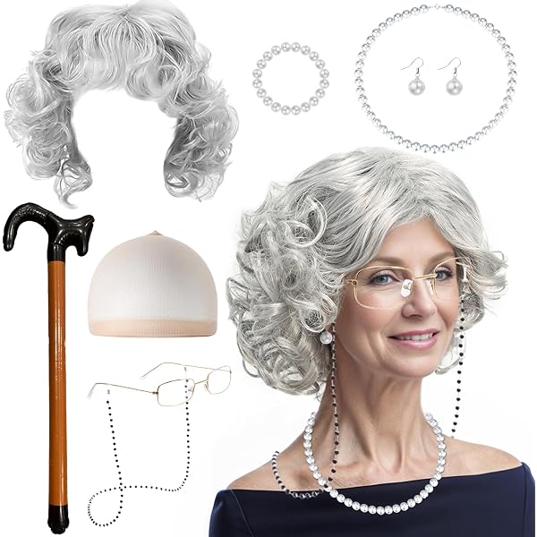 Set Parrucca Nonna 8 Pezzi | Grigio Argento Con Collana, Orecchini, Bracciale E Occhiali | Per Cosplay, Halloween E Feste A Tema