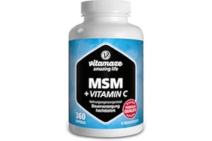 MSM Gélules 1334 mg avec Vitamine C - Durée de 6 Mois, 360 Capsules de Soufre Organique et Vegan - 99,9% Méthylsulfonylméthane, Complement Alimentaire sans Additifs Inutiles
