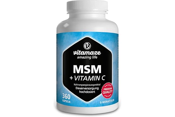 MSM Gélules 1334 mg avec Vitamine C - Durée de 6 Mois, 360 Capsules de Soufre Organique et Vegan - 99,9% Méthylsulfonylméthane, Complement Alimentaire sans Additifs Inutiles