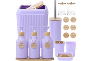XLHOMO Light Purple Bathroom Accessories Set 17PCS Bathroom Set with Trash Can 3PCS Lotion Soap Dispenser, Toothbrush Holder, Soap Dish,Tumbler Cup,6PCS Wood Tags Bath Accessories with Tray for Bathroom