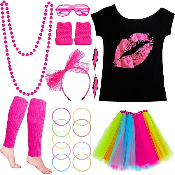 Set Accessori Anni '80 Per Bambina | Tutù, Gonna, Guanti Rete, Scaldamuscoli, Occhiali Cuore E Tanto Altro | Perfetto Per Feste A Tema E Halloween (Rosa)