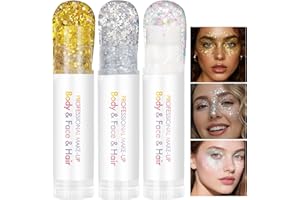 Prreal 3 couleurs de paillettes pour le corps, bâton de maquillage à paillettes de sirène, maquillage gel de paillettes pour le visage, paillettes holographiques pour cheveux pour tenues rave, bâton