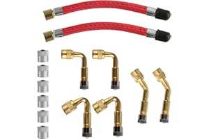 BBTCXJS 14 Set Tire Valve Extension Adapter Set: 6 x 45 Degree/90 Degree/180 DegreeBrass Valve Stem Extenders, 2 x 10cm Tyre Valve Extension Adapter, 6 Metal Caps, for Car Motorcycle Bike Trucks Scooter
