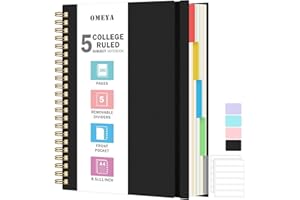 OMEYA Spiral Notebook 8.5" x 11", 5 Subject Notebooks College Ruled with Removable Dividers, 300 Pages 100GSM Thick Spiral Writing Journal for Women & Men, Large A4 Lined Journal Notebooks for Work, School