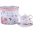 London Boutique Tea for One Teapot Cup suacer Set Vintage Flora Rose Lavender Porcelain Gift Box (Butterfly Rose)