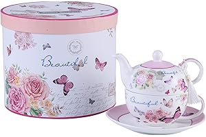 LONDON BOUTIQUE Tea for One Teapot Cup suacer Set Vintage Flora Rose Lavender Porcelain Gift Box (Butterfly Rose)