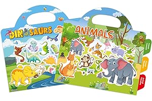 GUYUCOM 2 Pack Reusable Sticker Books for Toddlers, Durable No Glue Stickers for Kids, Activity Crafts for 2 3 4 Year Old Boys Girls Dinosaurs Animals Travel Toys on Plane Car Birthday Gifts