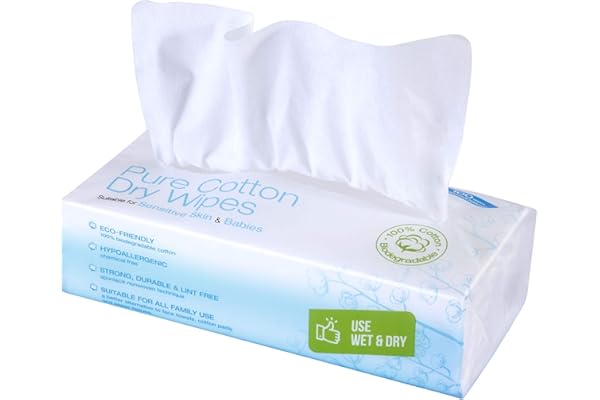 Ivyone Toallitas secas de algodón puro, 100 toallitas, biodegradables, sin productos químicos y sin plástico, perfectas para pieles sensibles del recién nacido