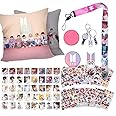 SOSAYI BTS Fan Item Set for Army, Bangtan Boys Merch with 1 BTS 45 x 45 cm Cushion Cover, 1 Keyring, 1 Mobile Phone Ring, 1 Lanyard, 2 Brooches, 2 Tattoo Stickers, 12 Stickers, 40 BTS Photocard