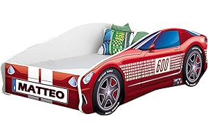 ACMA Lettino auto per bambini + materasso per bambini 140 x 70 160 x 80 180 x 80 cm (1 + Nome, 160x80)