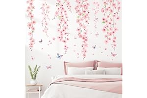 SHUCHING Cherry Blossom Vine Wall Stickers Peel and Stick, Pink Flowers Wall Decals, Removable Vinyl Wall Decor Art Home Decoration for Living Room Bedroom Kitchen