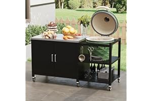 PREMTURE Outdoor Grill Dining Cart On Wheels, Movable Pizza Oven Stand with Stainless Steel Top & Side Handle, Multifunctional Food Prep Table BBQ Trolley with 4 Hooks for Patio Backyard Garden