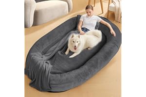 NESTROAD Hundebett für Mensch & Hund,180x114x35cm,waschbarer Kunstfellbezug mit Decke und Kissen,extra großes Sitzsackbett in Menschengröße,Dunkelgrau