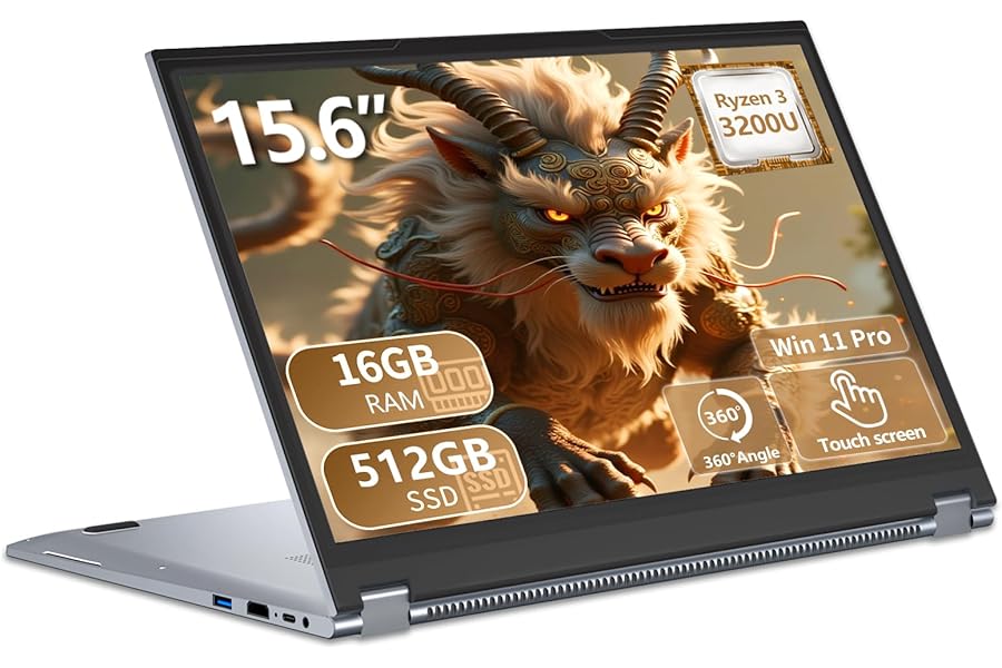 DIAKUOE Laptop 15.6 inch, 2 in 1 L aptop AND Ryzen 3 3200U CPU, Win 11 L aptop 16GB RAM 512GB SSD, 1920x1080 Sreen with 360° Flip, Radeon Graphics GPU, Laptop Mode/Tablet Mode, RJ45+Type-C+Mini-HDMI