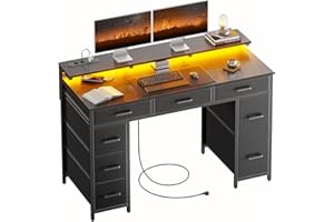 HLFURNIEU Scrivania con 8 Tessuto Cassetti, Tavolo Gaming con Presa di Corrente & Porta USB, Scrivania PC Salvaspazio con LED, Tavolo Ufficio con Supporto per Monitor (Nero, 120 × 50 cm)