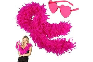 ATBEAMEN 2m/6.6ft Hot Pink Feather Boa for Women Girls,80g Natural Turkey Feather Boas and Heart Sunglasses Fancy Dress for Adult,Kids,Fluffy Boa Feather Scarffor Dancing Bachelor Hen Halloween Xmas Party
